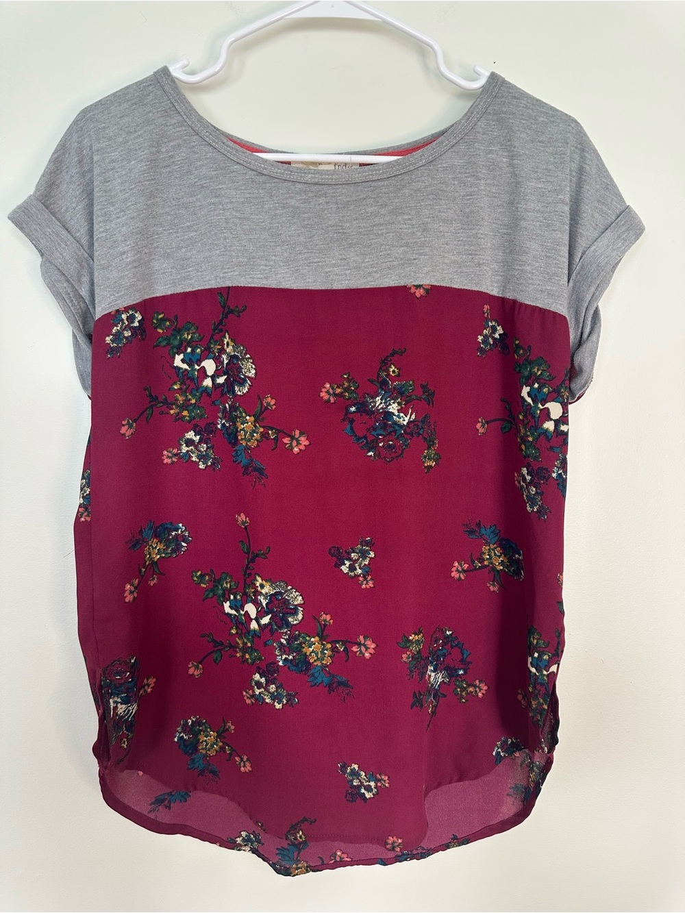 Rewind Two-Tone Floral Top - Grey & Burgundy